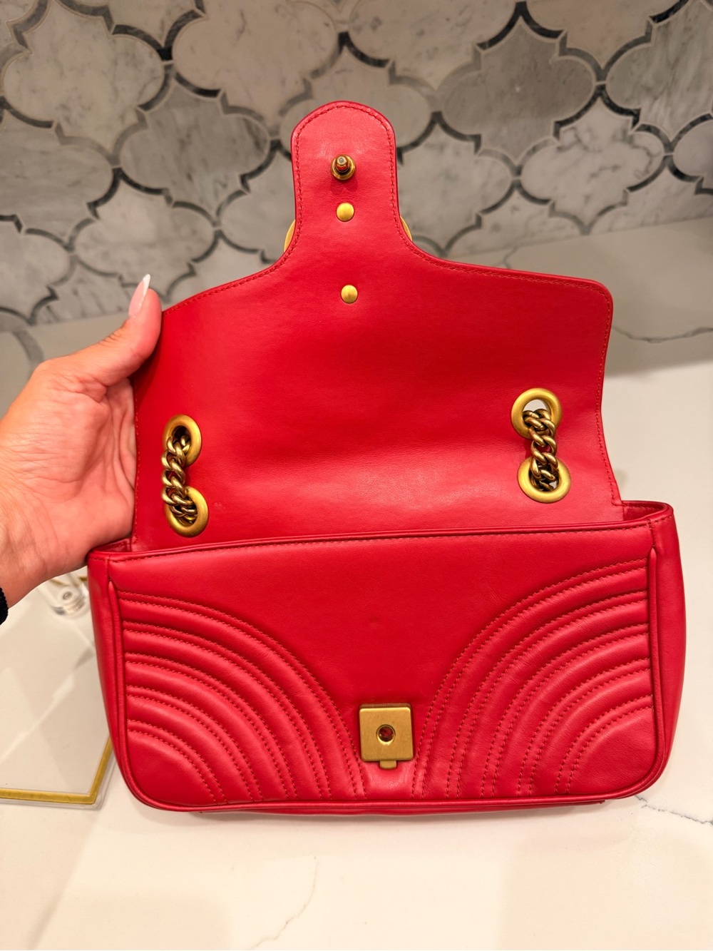 Gucci Red Quilted GG Marmont Shoulder Bag with Gold Hardware - Picture 11 of 14